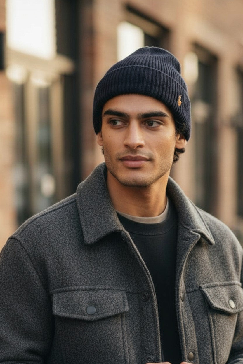 RALPH LAUREN Signature Cuff Men Hat 52 CM Dark Blue Wool Blend Knitted Beanie