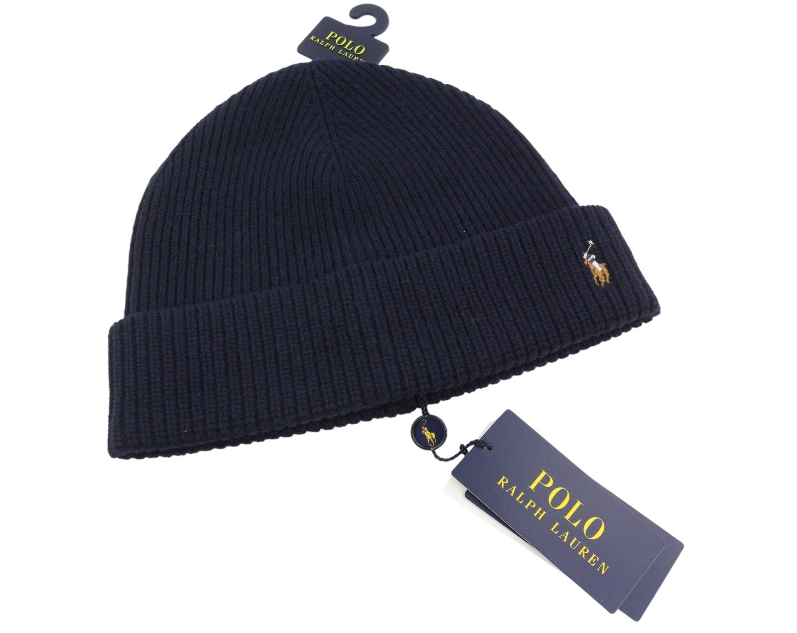 RALPH LAUREN Signature Cuff Men Hat 52 CM Dark Blue Wool Blend Knitted Beanie