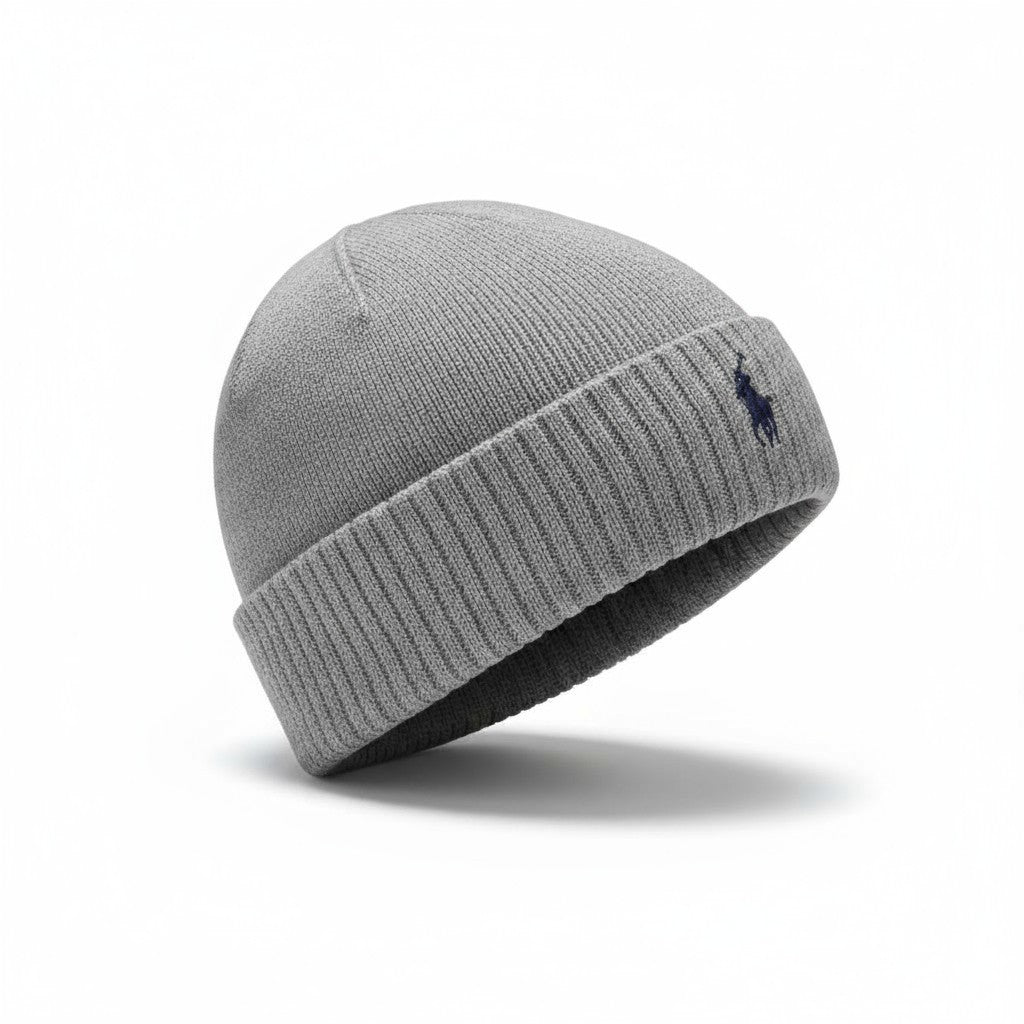 RALPH LAUREN Men Hat 47 CM Grey Melange Embroidered Washable Merino Wool Beanie