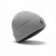 RALPH LAUREN Men Hat 47 CM Grey Melange Embroidered Washable Merino Wool Beanie