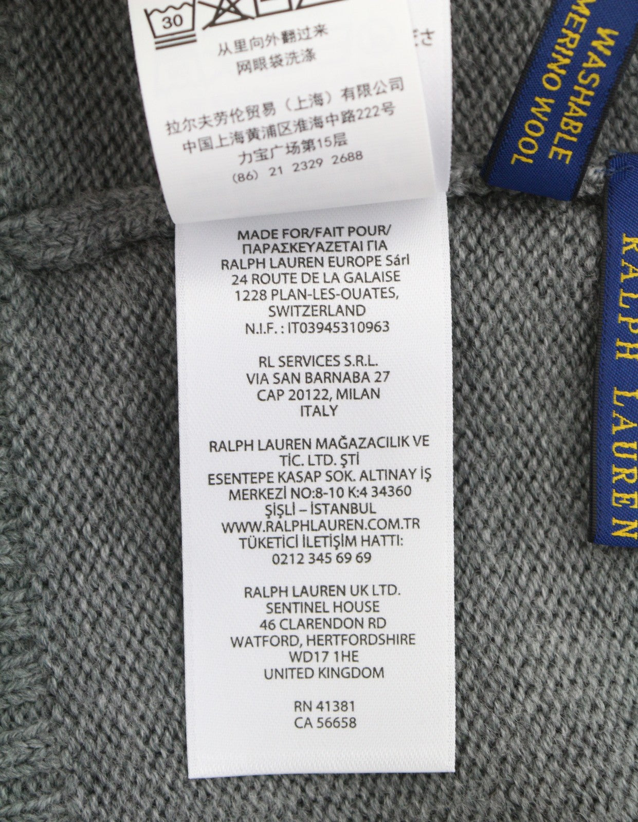 RALPH LAUREN Men Hat 47 CM Grey Melange Embroidered Washable Merino Wool Beanie