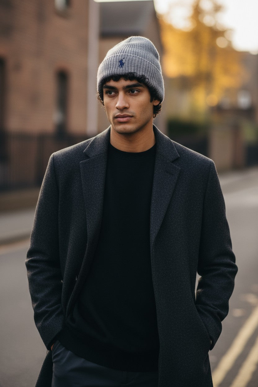 RALPH LAUREN Men Hat 47 CM Grey Melange Embroidered Washable Merino Wool Beanie