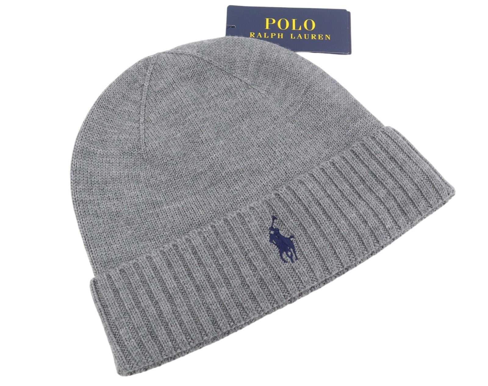 RALPH LAUREN Men Hat 47 CM Grey Melange Embroidered Washable Merino Wool Beanie