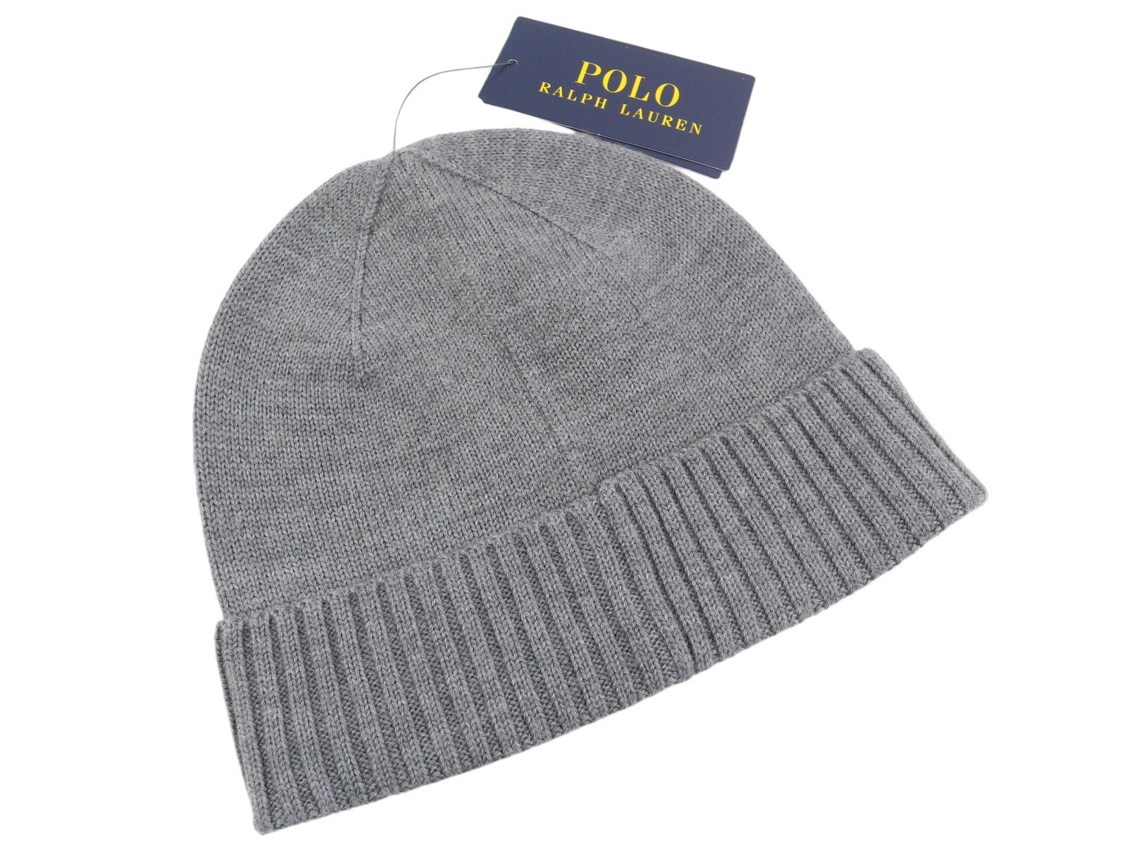 RALPH LAUREN Men Hat 47 CM Grey Melange Embroidered Washable Merino Wool Beanie