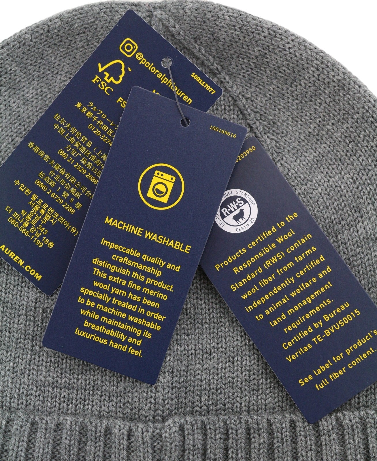 RALPH LAUREN Men Hat 47 CM Grey Melange Embroidered Washable Merino Wool Beanie