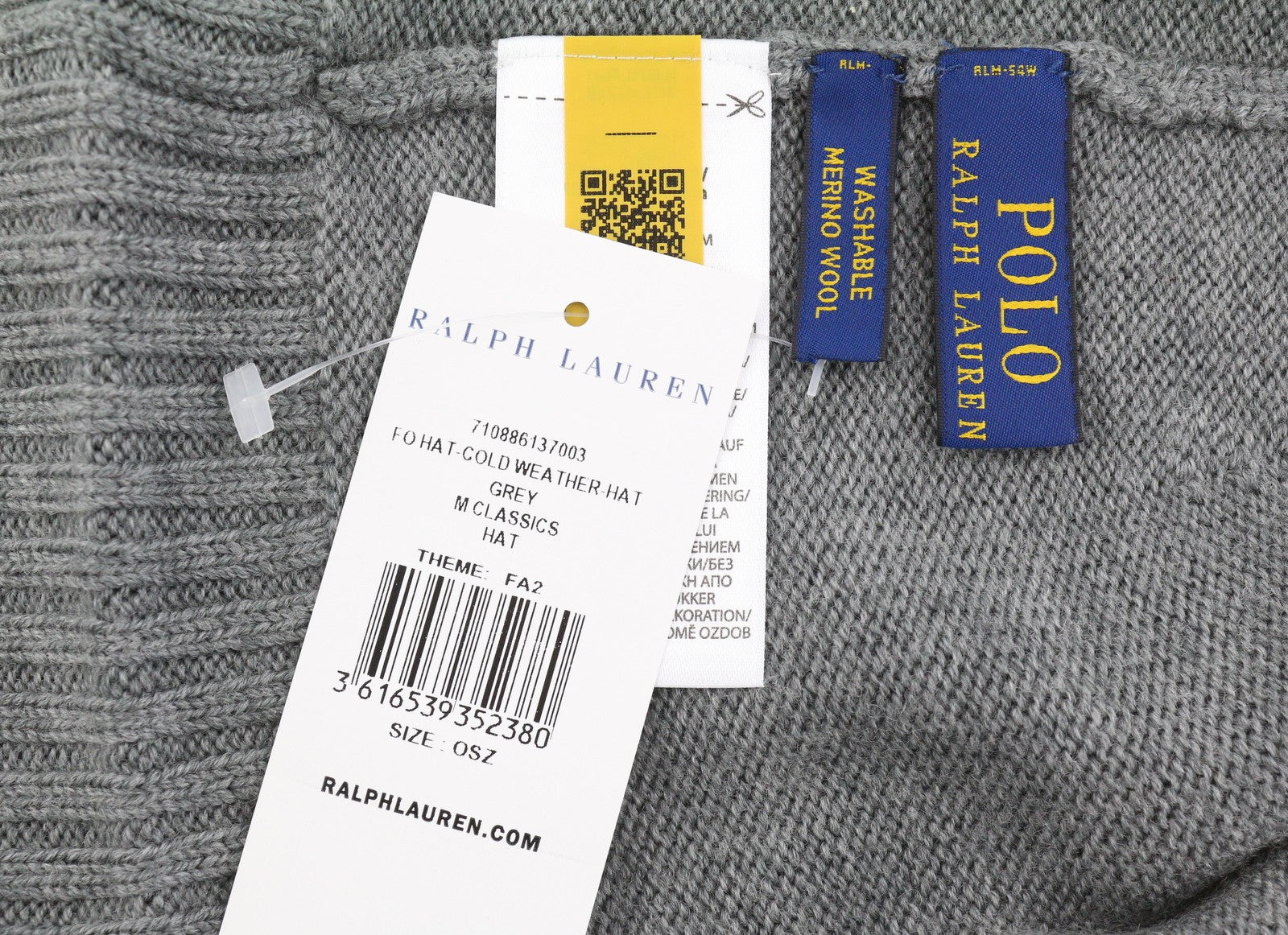 RALPH LAUREN Men Hat 47 CM Grey Melange Embroidered Washable Merino Wool Beanie