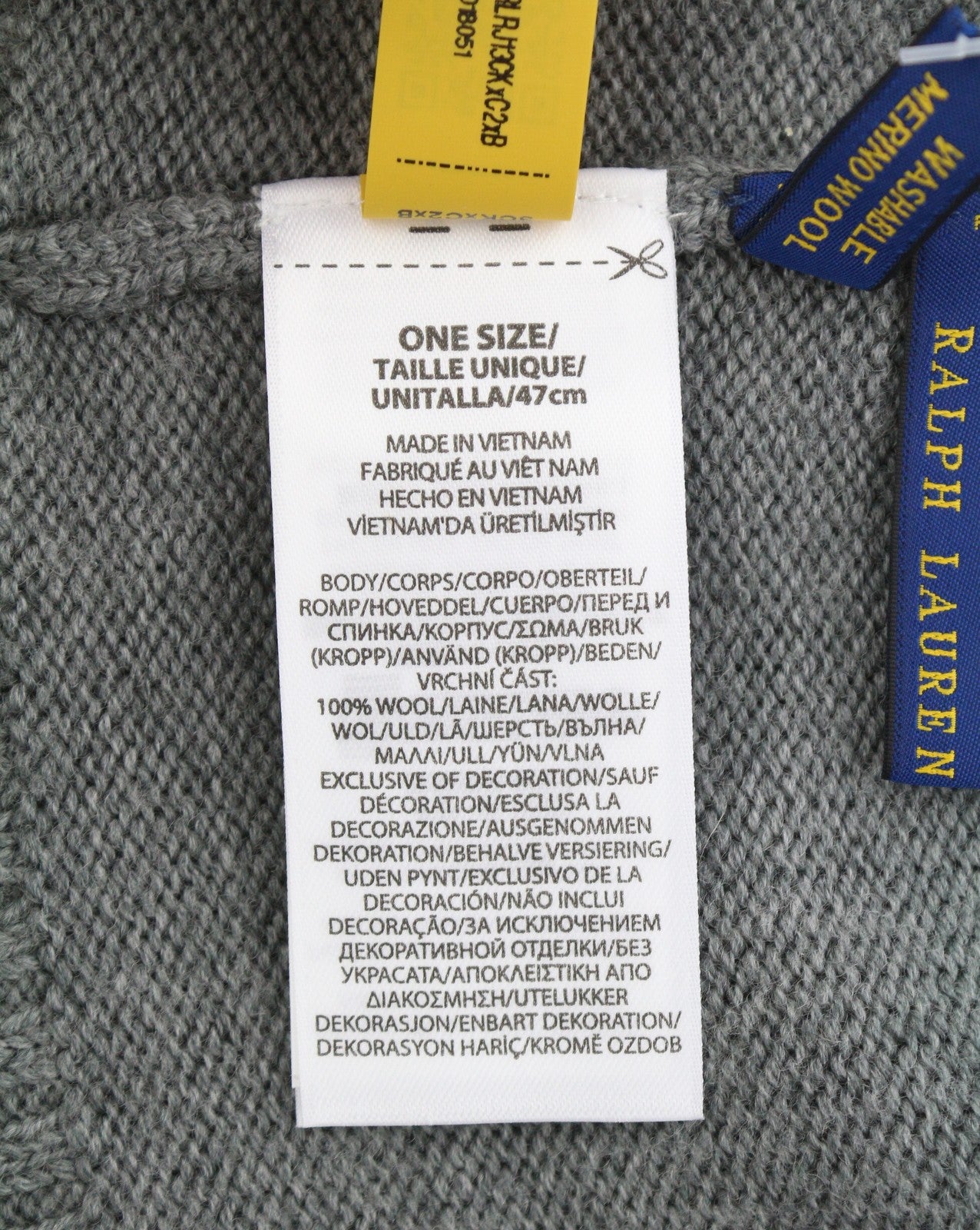 RALPH LAUREN Men Hat 47 CM Grey Melange Embroidered Washable Merino Wool Beanie