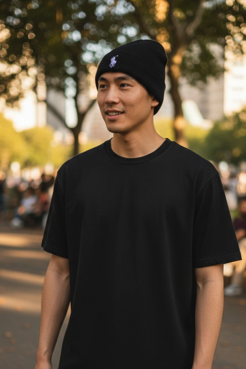 RALPH LAUREN Men Hat 41 CM Black Cotton Embroidered Logo Knitted Beanie