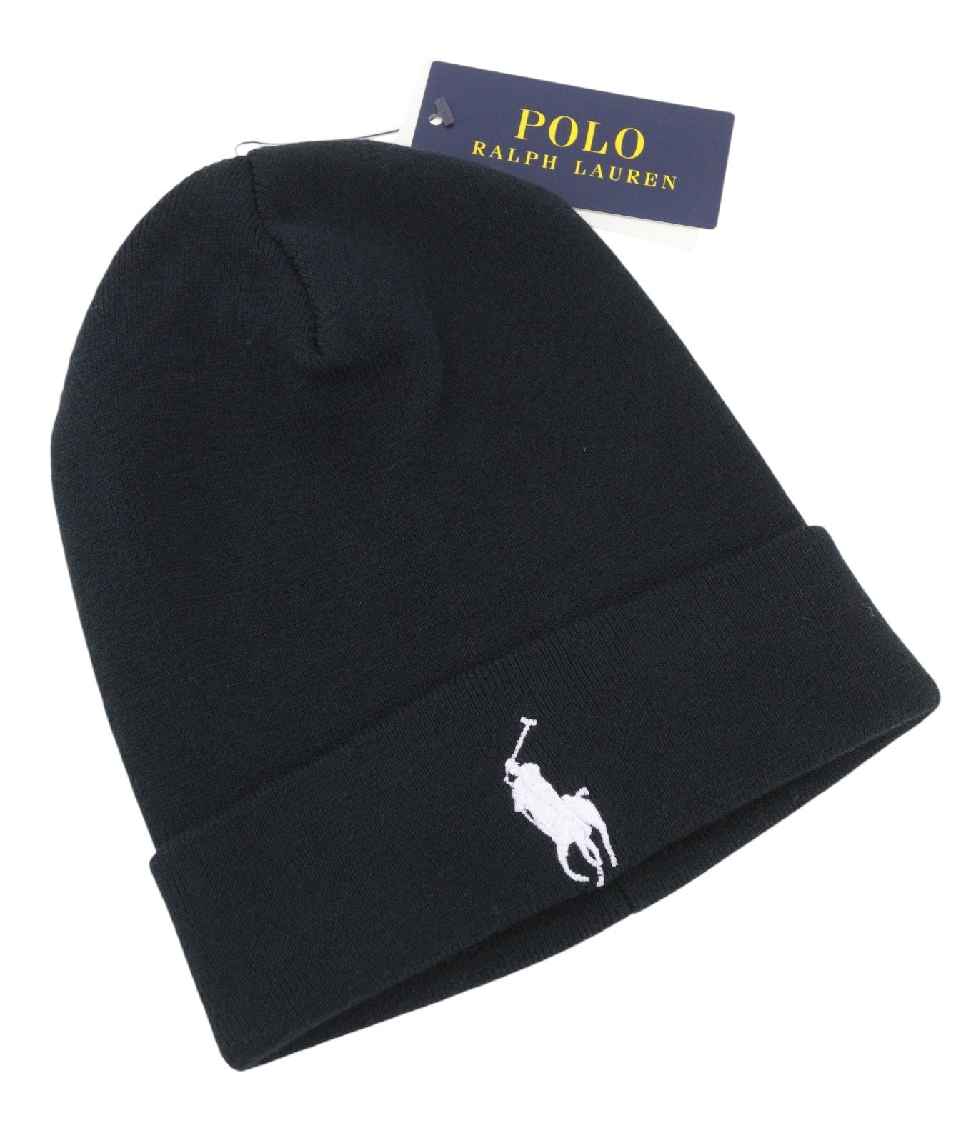 RALPH LAUREN Men Hat 41 CM Black Cotton Embroidered Logo Knitted Beanie