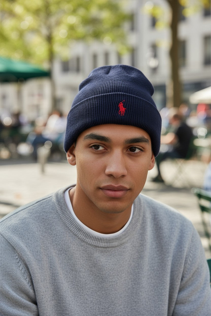RALPH LAUREN Men Hat 47 CM Dark Blue Washable Merino Wool Knitted Logo Beanie