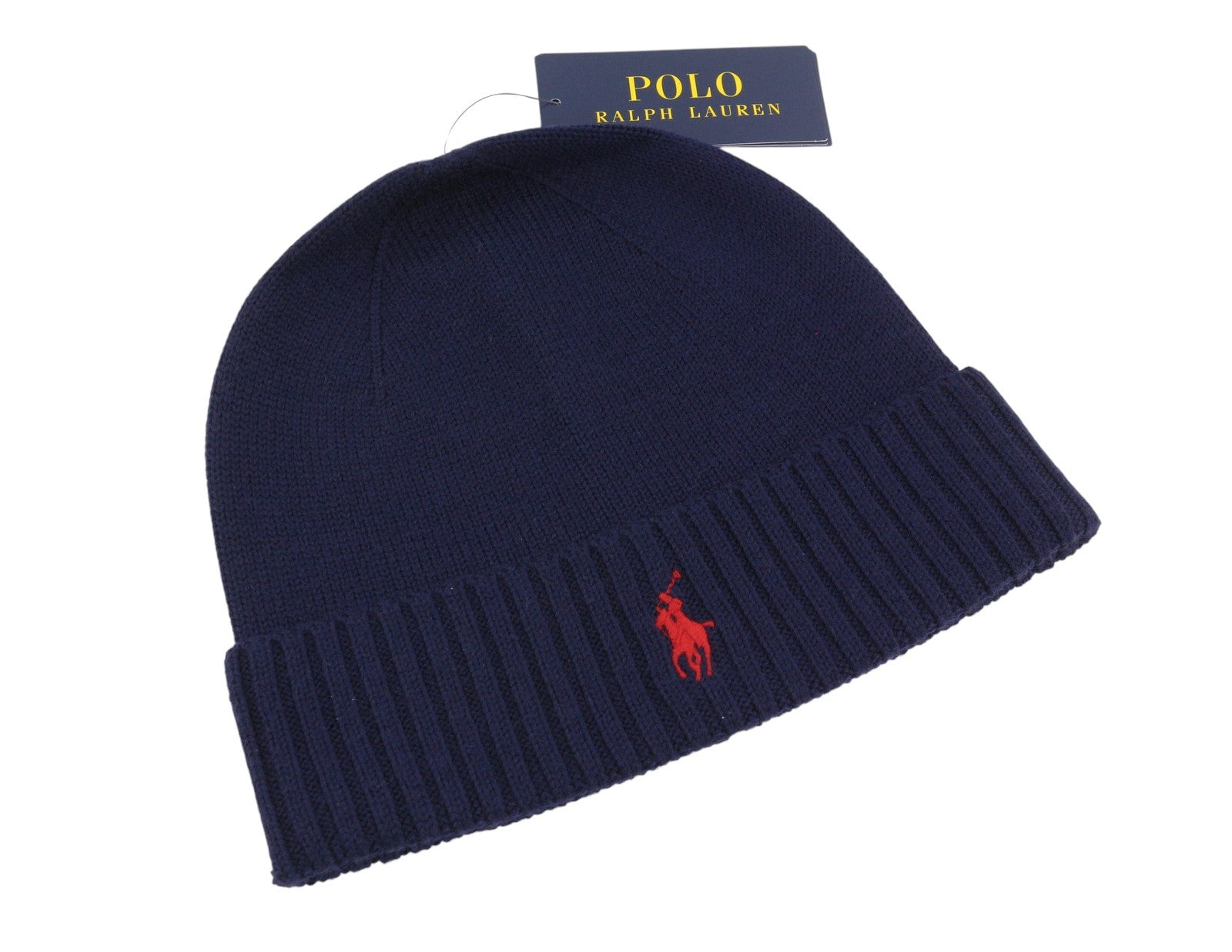 RALPH LAUREN Men Hat 47 CM Dark Blue Washable Merino Wool Knitted Logo Beanie