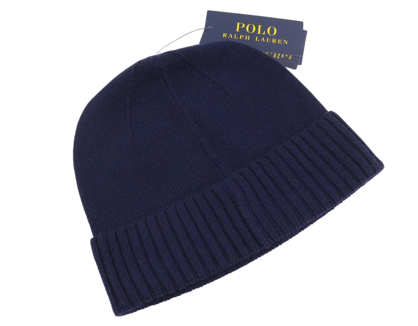 RALPH LAUREN Men Hat 47 CM Dark Blue Washable Merino Wool Knitted Logo Beanie