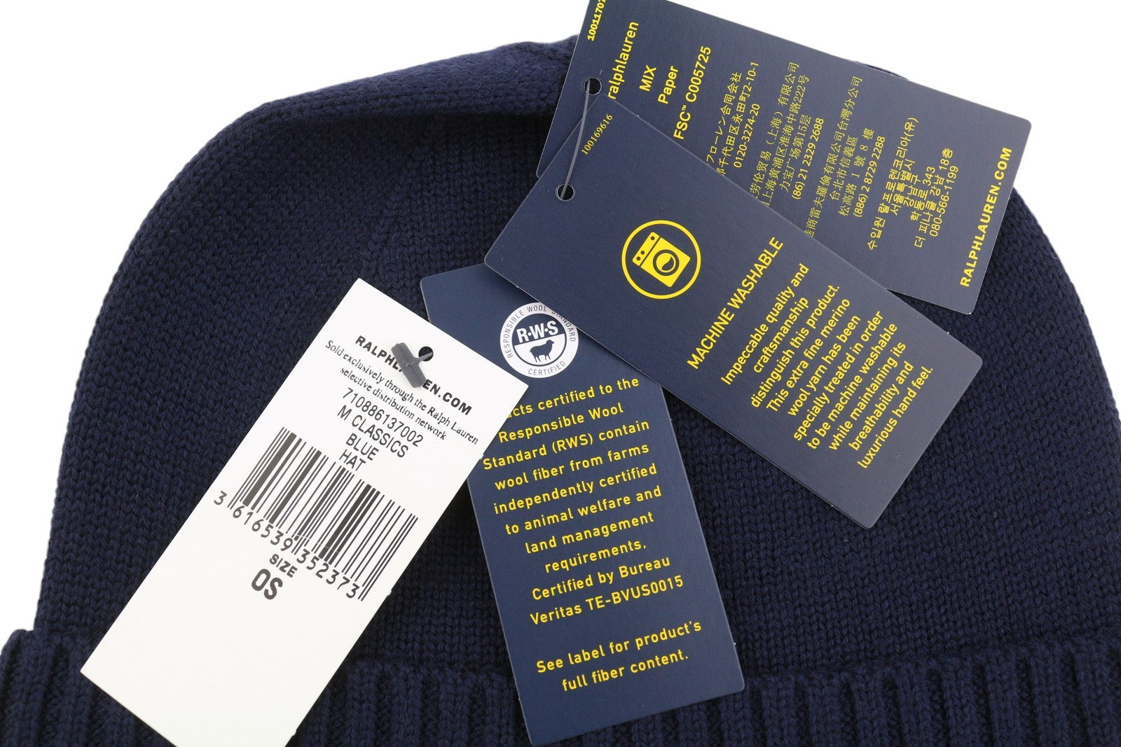 RALPH LAUREN Men Hat 47 CM Dark Blue Washable Merino Wool Knitted Logo Beanie