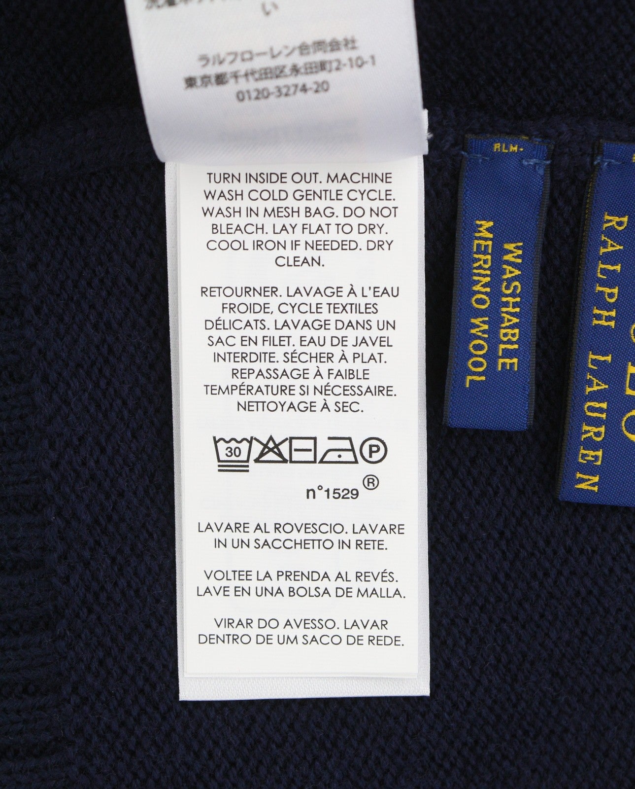 RALPH LAUREN Men Hat 47 CM Dark Blue Washable Merino Wool Knitted Logo Beanie