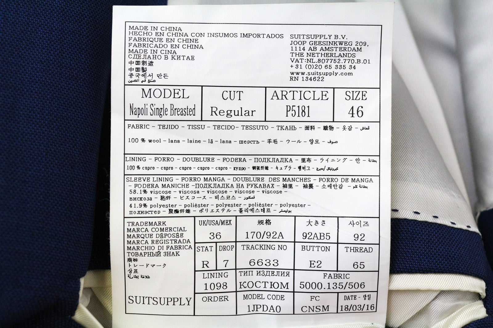 „SUITSUPPLY Napoli“ vyriškas švarkas UK36R mėlynas vilnonis vieneilis švarkas su įpjova atvarte 