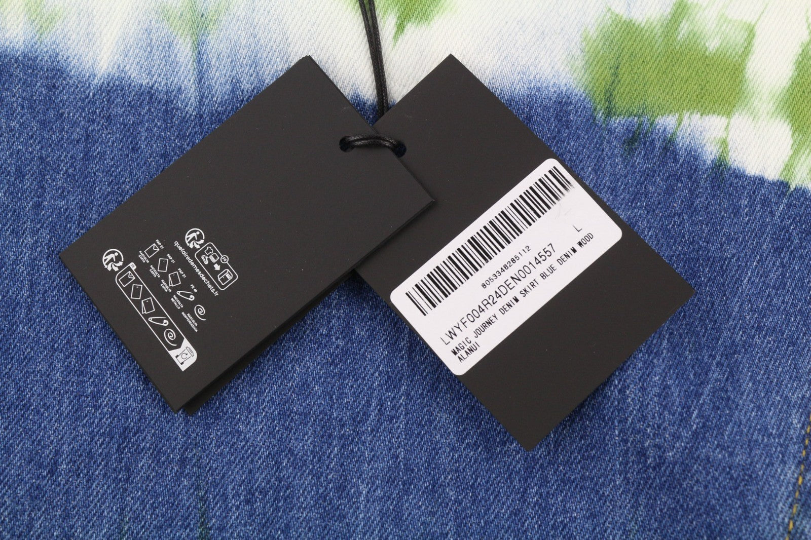 ALANUI Magic Journey moteriškas L dydžio mėlynai žalias vidutinio dydžio apvyniojamas batikos būdu dažytas medvilninis džinsinis sijonas 