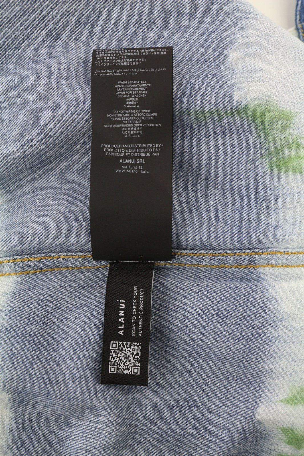 ALANUI Magic Journey moteriškas L dydžio mėlynai žalias vidutinio dydžio apvyniojamas batikos būdu dažytas medvilninis džinsinis sijonas 