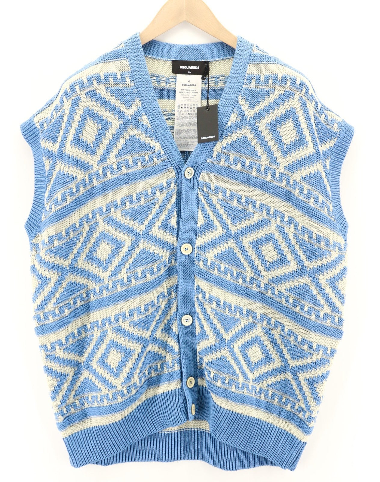 DSQUARED2 moteriška XL dydžio mėlynai balta medvilninė tampri megzta raštuota liemenė 