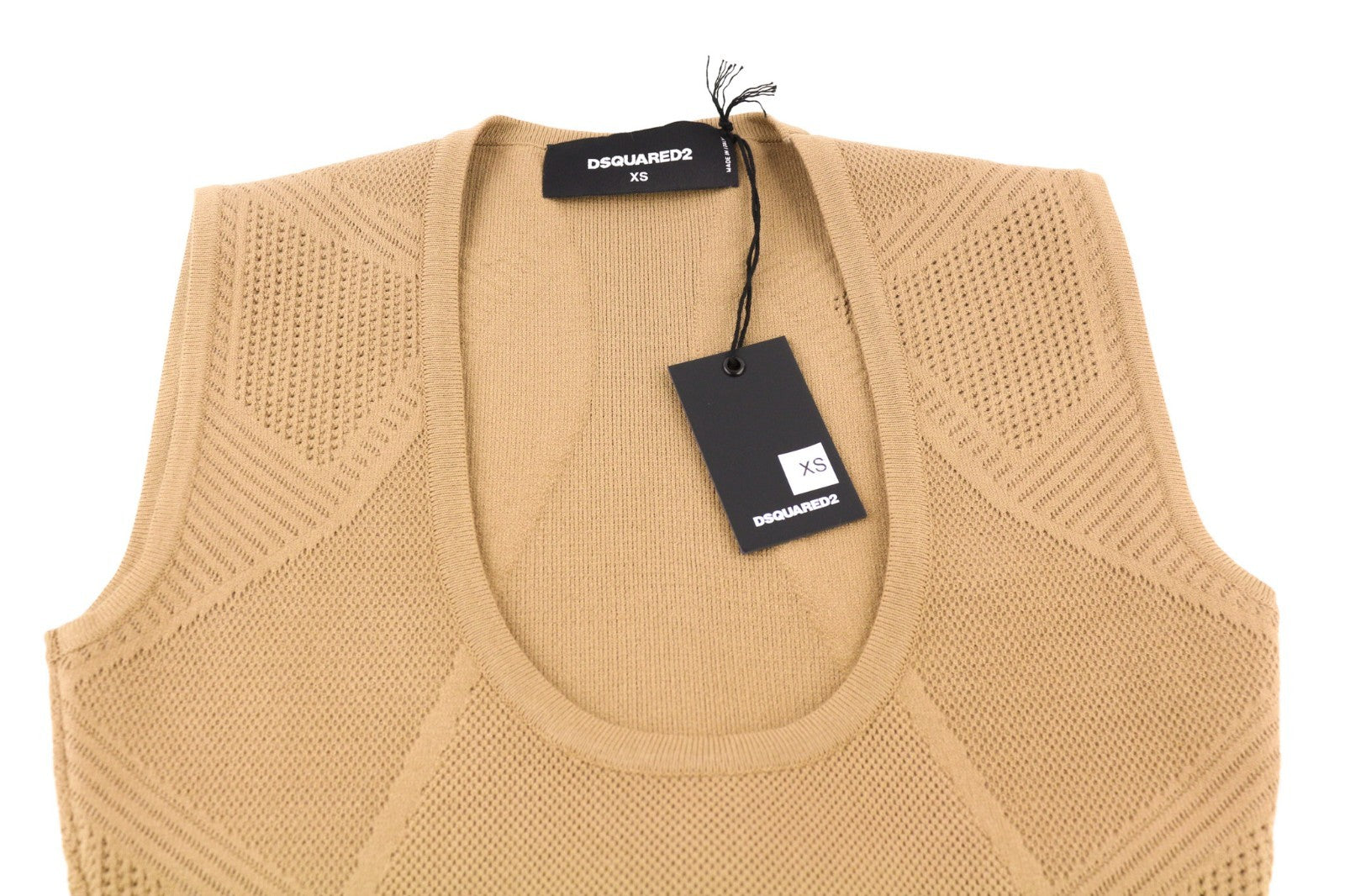 DSQUARED2 moteriška XS dydžio gelsvai ruda, be rankovių, surišama per šoną ir aptempta suknelė 