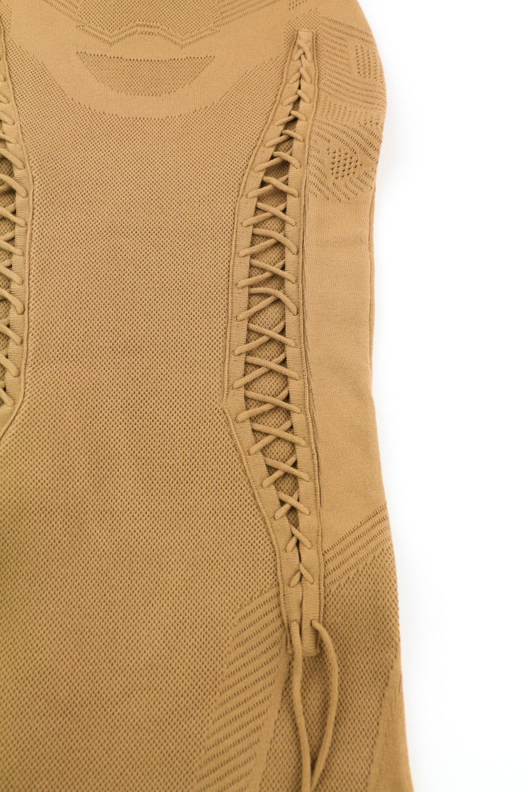 DSQUARED2 moteriška XS dydžio gelsvai ruda, be rankovių, surišama per šoną ir aptempta suknelė 