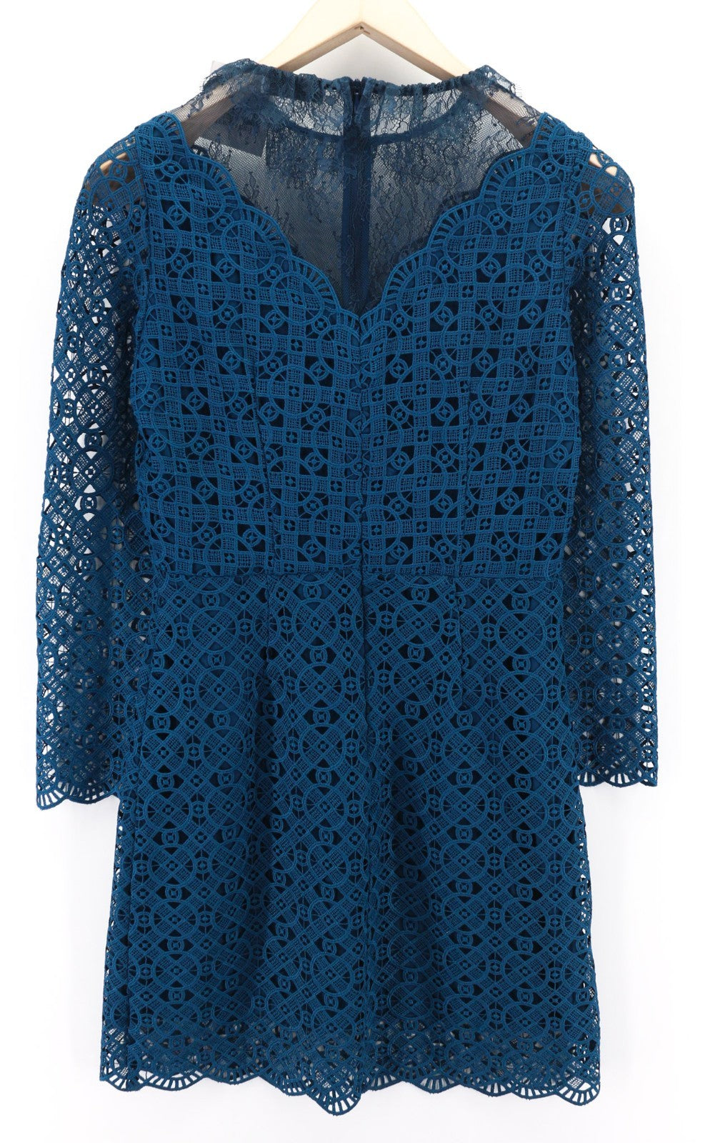 SANDRO Women's 38 Blue Pleated Lace Long Sleeve Lined Mini Dress