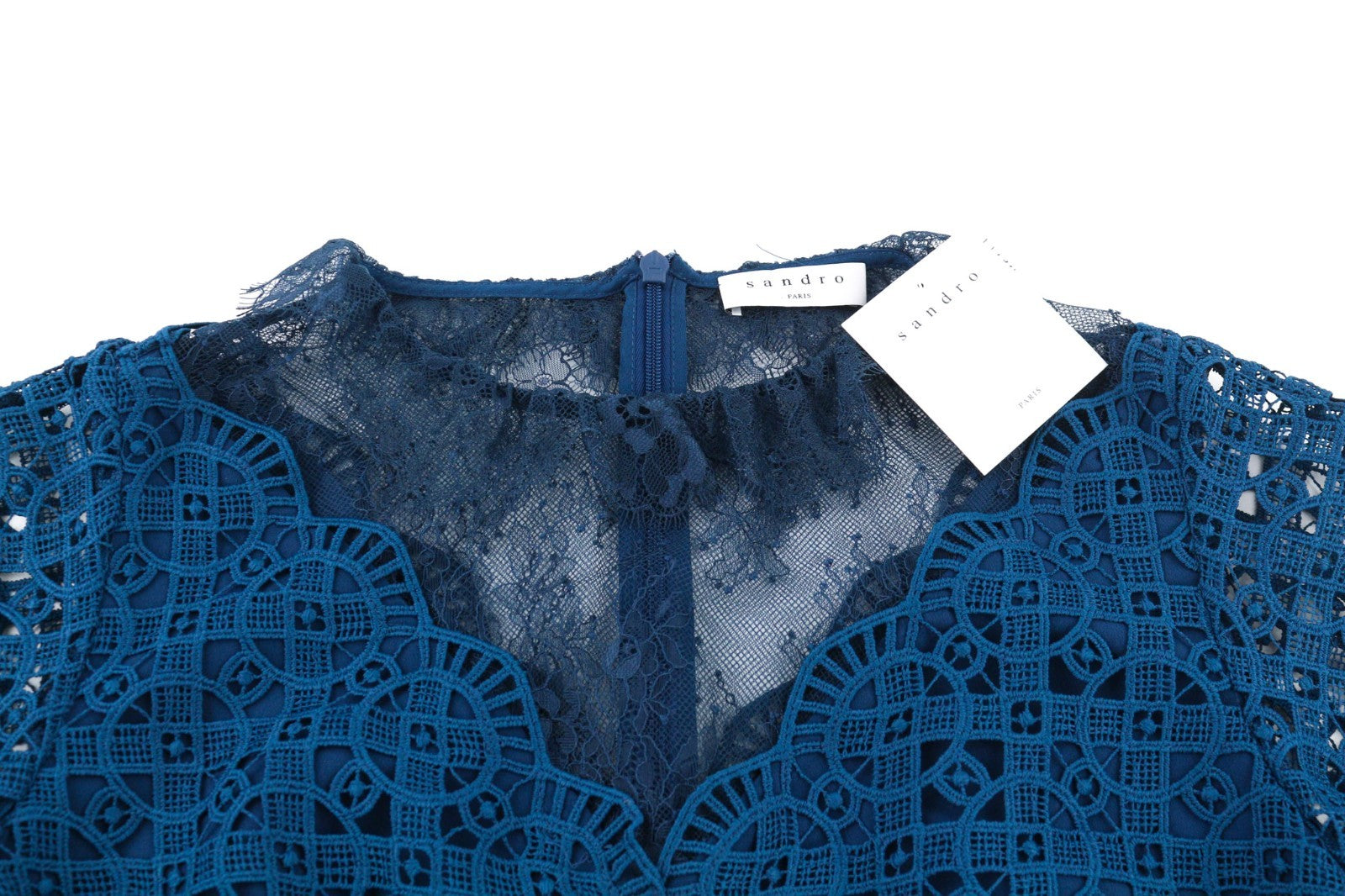 SANDRO Women's 38 Blue Pleated Lace Long Sleeve Lined Mini Dress