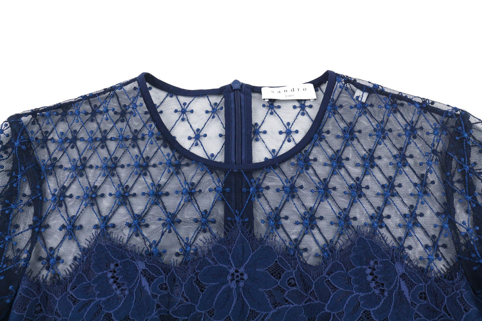 SANDRO moteriška 40 dydžio tamsiai mėlyna suknelė su nėriniuota nugara, užtrauktuku ilgomis rankovėmis, pamušalu 