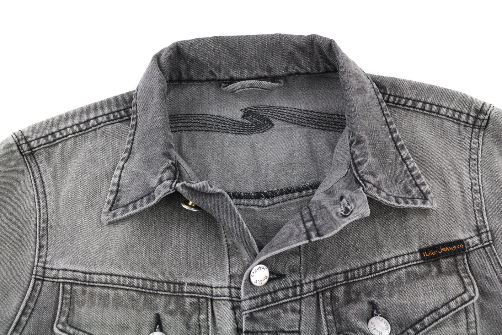 NUDIE JEANS Conny Org. Fog Men's S Faded Grey Polo Cotton Denim Jacket