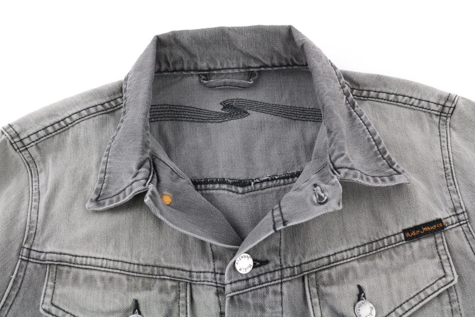 NUDIE JEANS Conny Org. Fog Men's M Grey Polo Denim Unlined Button Jacket