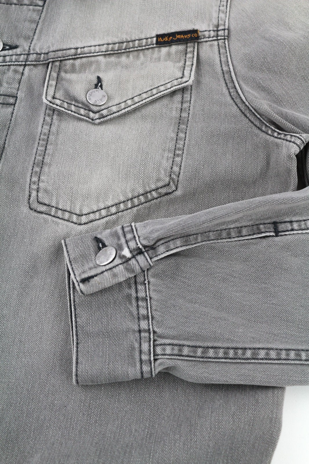 NUDIE JEANS Conny Org. Fog Men's M Grey Polo Denim Unlined Button Jacket