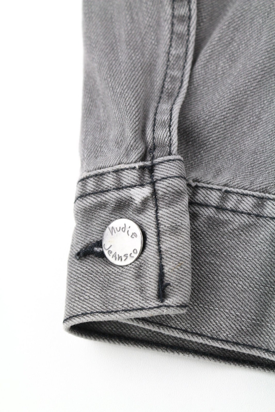 NUDIE JEANS Conny Org. Fog Men's M Grey Polo Denim Unlined Button Jacket