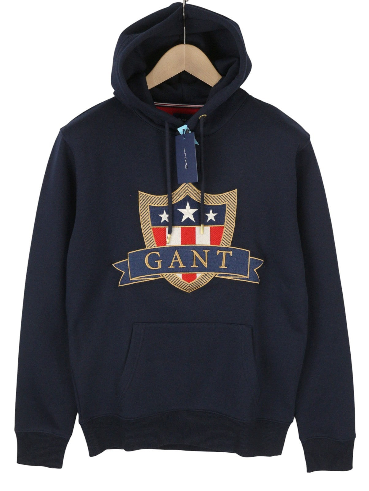 GANT Banner Shield vyriškas džemperis su gobtuvu M, vakaro mėlyna, kengūros kišene, megztinis su RRP199 