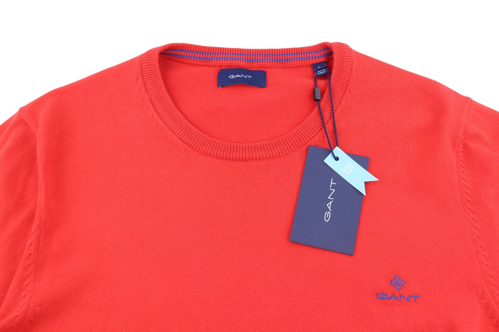 GANT Stretch Cotton Contrast C-Neck Men Jumper L Lava Red Tight-Knit Pullover