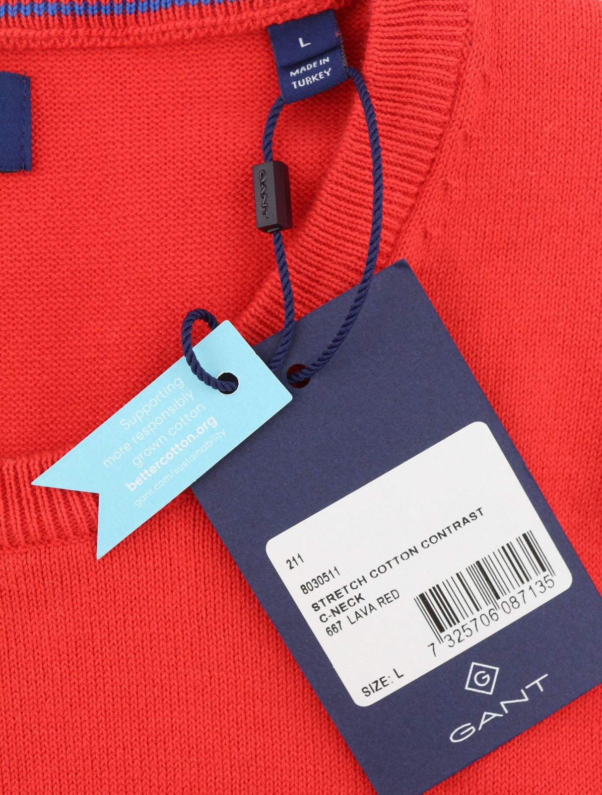 GANT Stretch Cotton Contrast C-Neck Men Jumper L Lava Red Tight-Knit Pullover