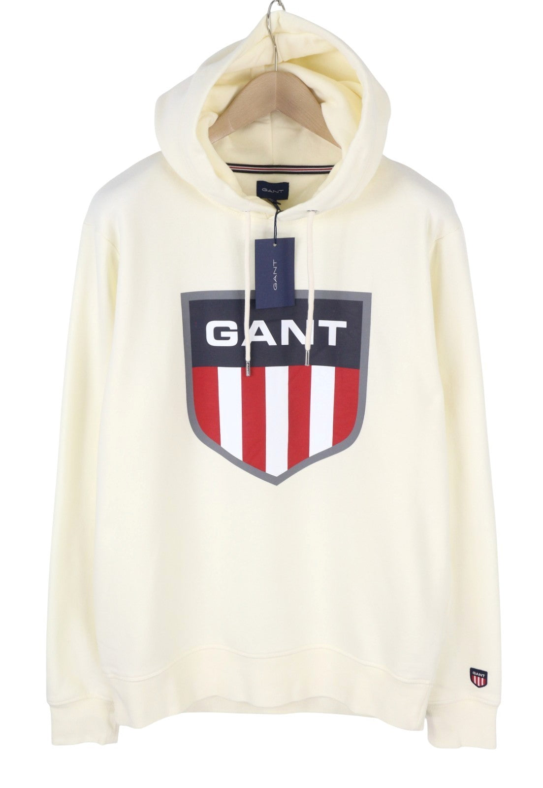 GANT Retro Shield Men Hoodie XL Eggshell Patch Long Sleeve Pullover Ivory RRP199