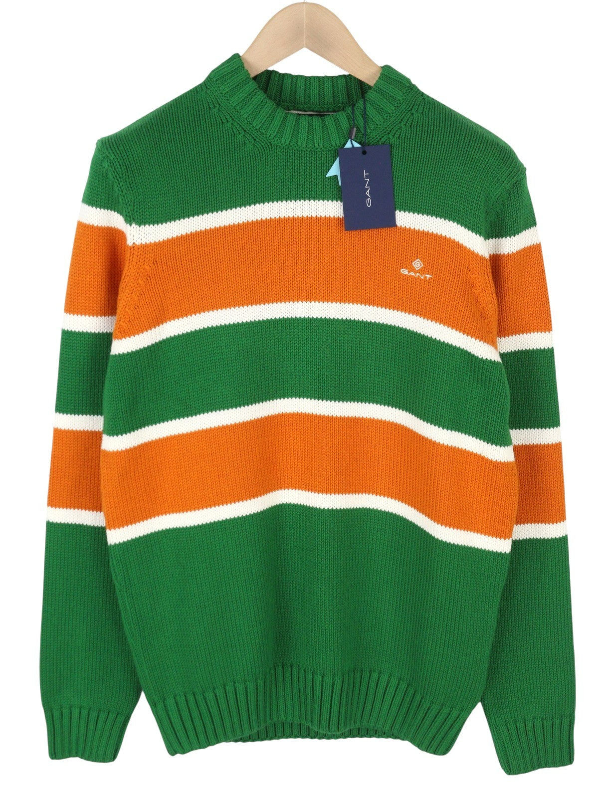 GANT Striped C-Neck Men Jumper M Lavish Green Cotton Tight-Knit Logo Pullover