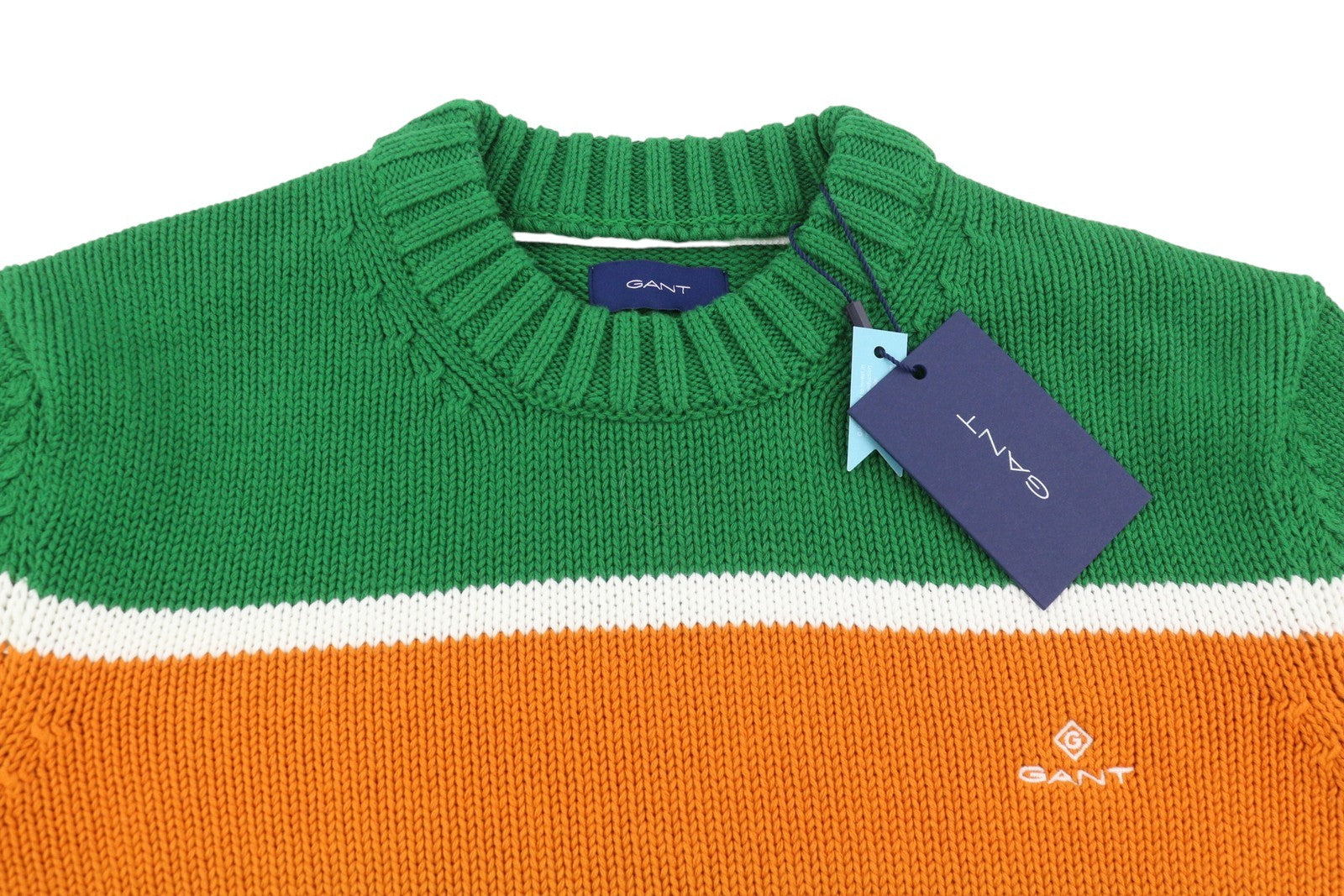 GANT Striped C-Neck Men Jumper M Lavish Green Cotton Tight-Knit Logo Pullover