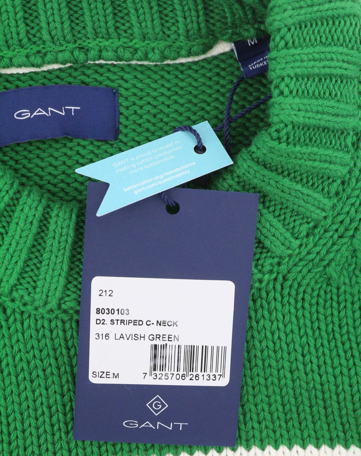 GANT Striped C-Neck Men Jumper M Lavish Green Cotton Tight-Knit Logo Pullover