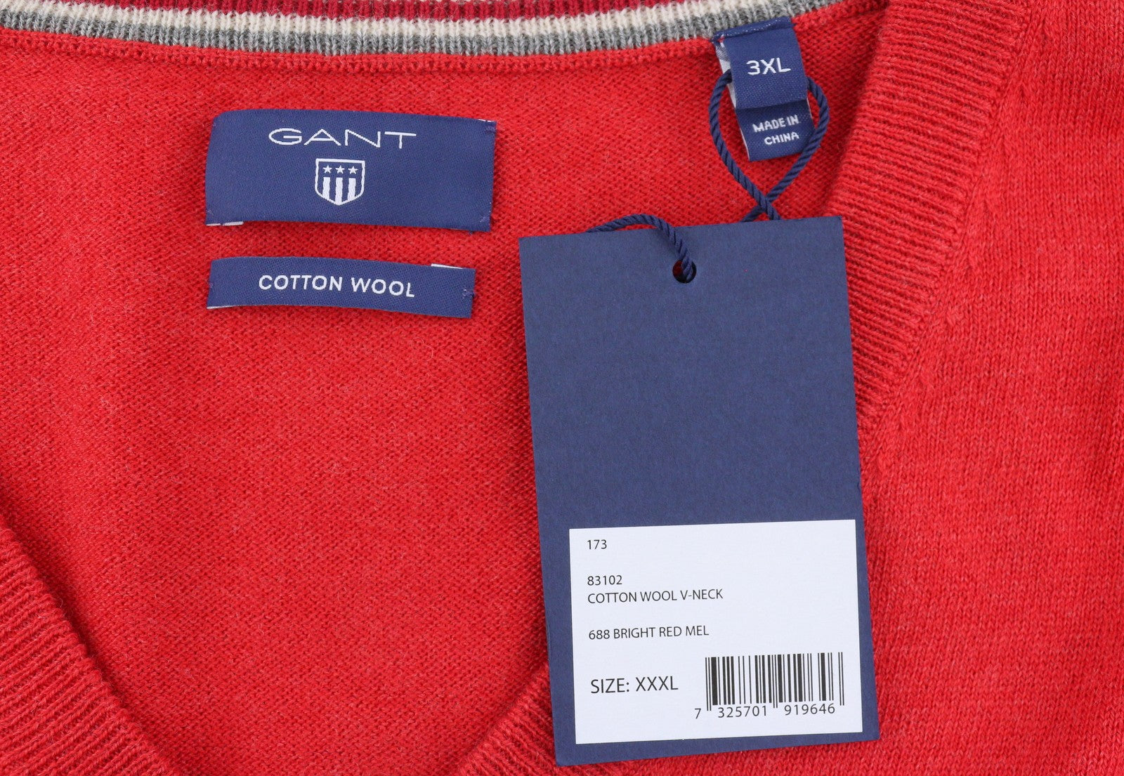 GANT medvilninis vilnonis vyriškas megztinis V formos iškirpte, 3XL, ryškiai raudonas, tamprus megztinis su logotipu 