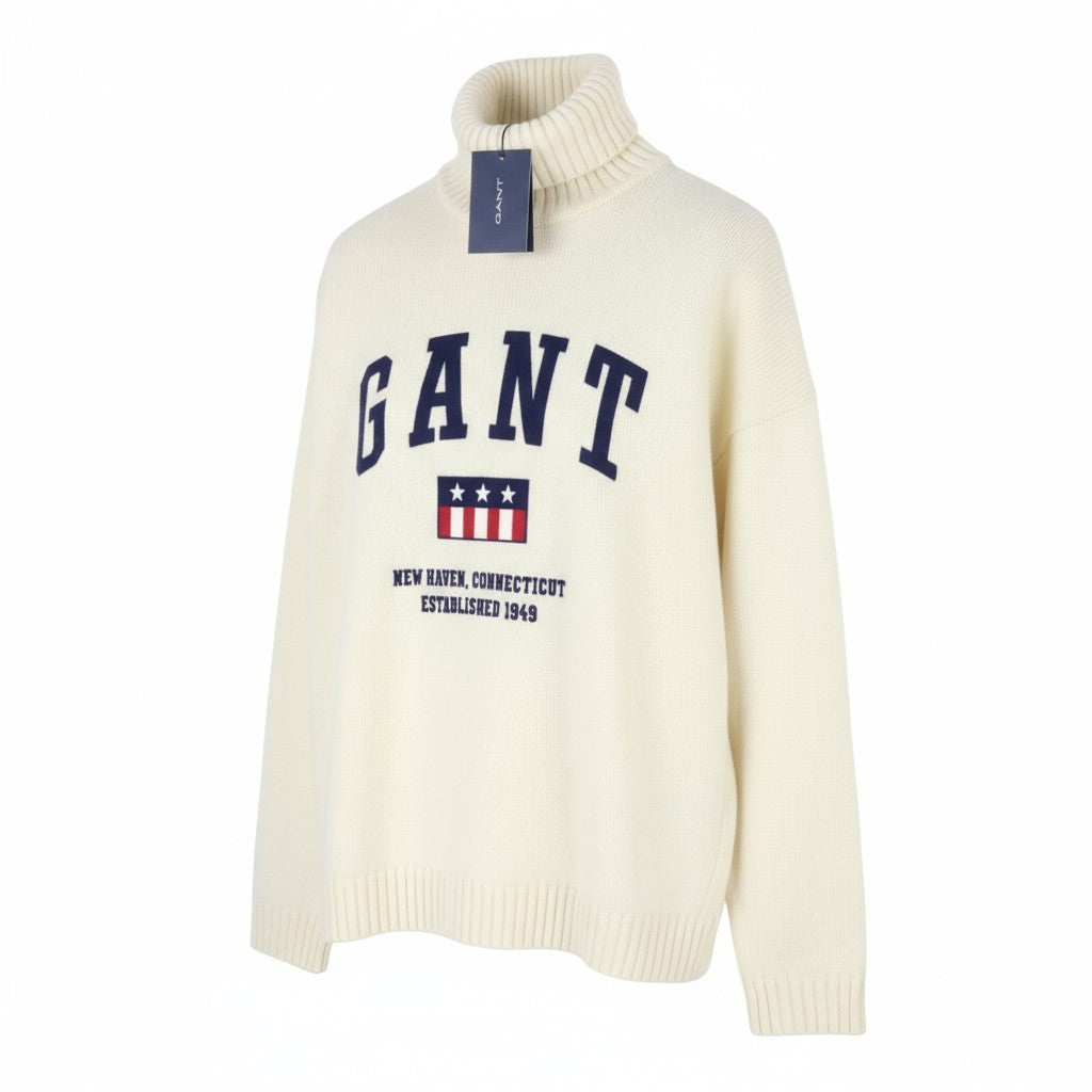 GANT Tag Wool Turtleneck Men Jumper L Cream Lambswool Knitted Pullover RRP199