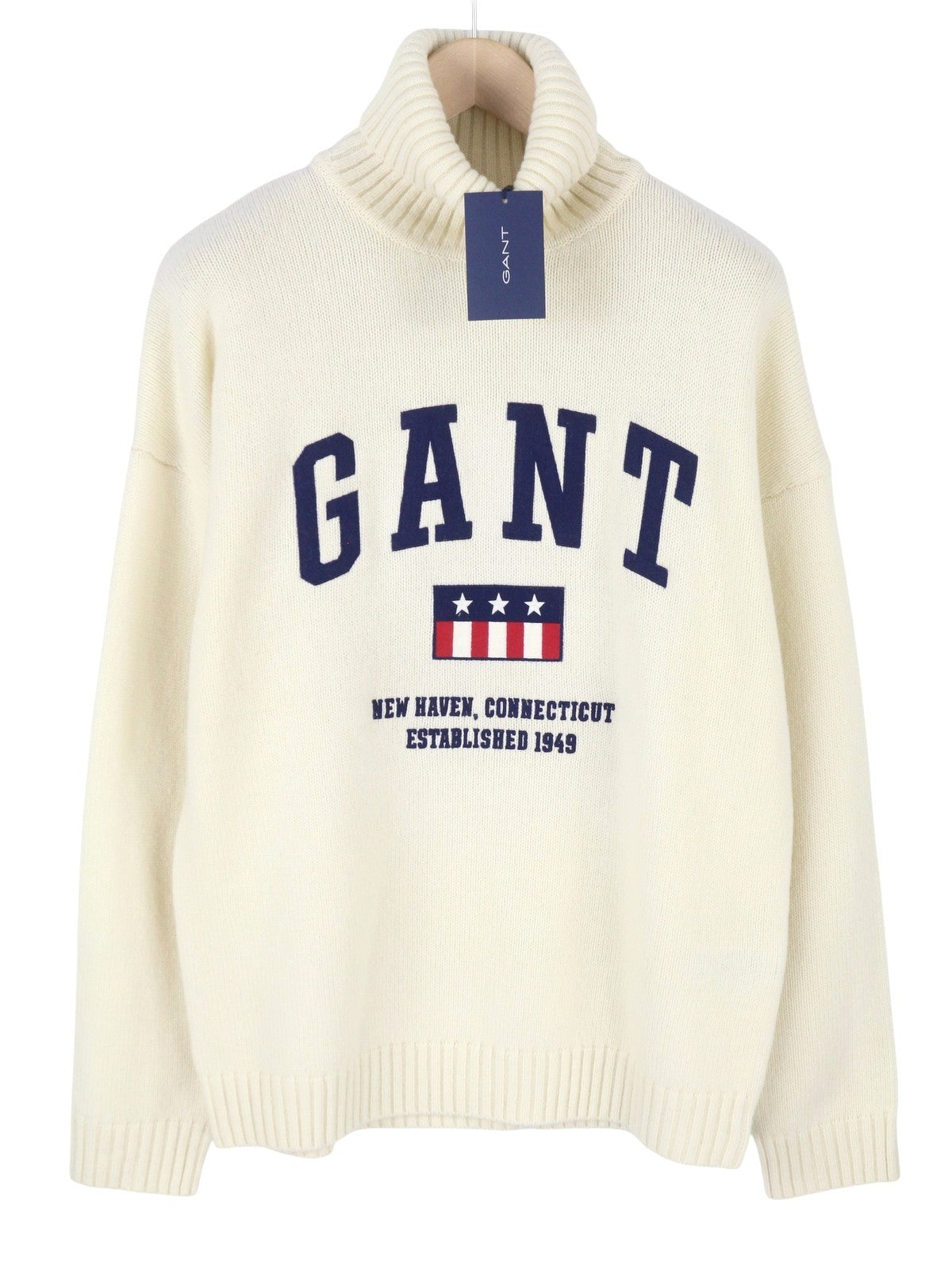GANT Tag Wool Turtleneck Men Jumper L Cream Lambswool Knitted Pullover RRP199