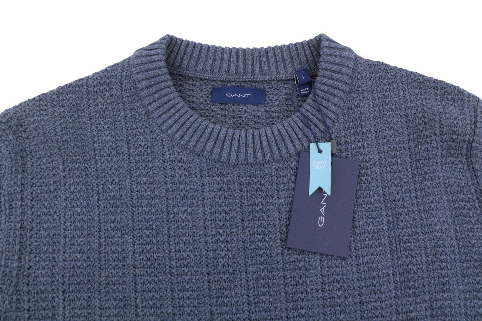 GANT Multi Color Texture C-Neck Men Jumper L Indigo Blue Melange Cotton Pullover