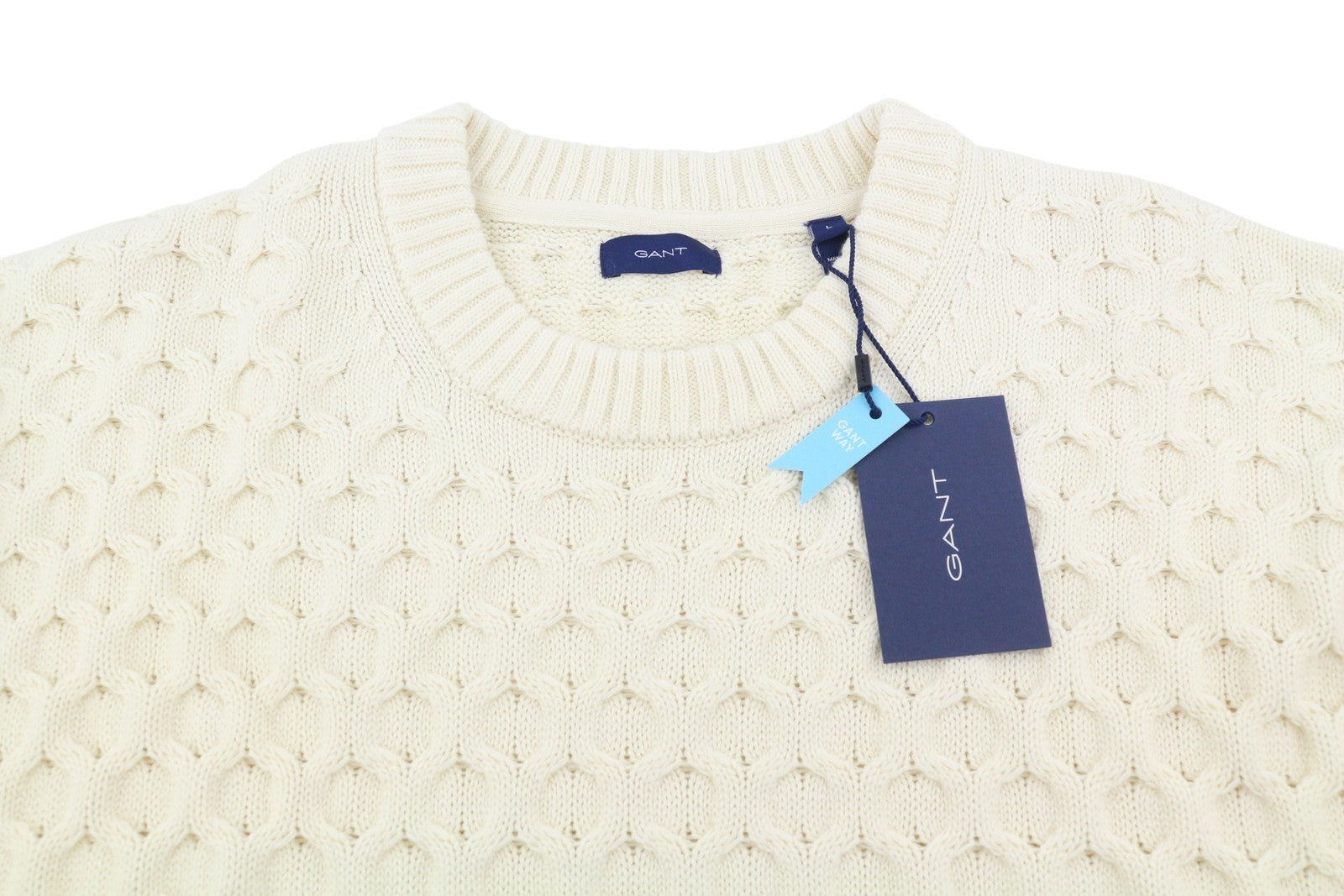 GANT Cable Structure C-Neck Women Jumper L Cream Merino Wool Blend Knit Pullover