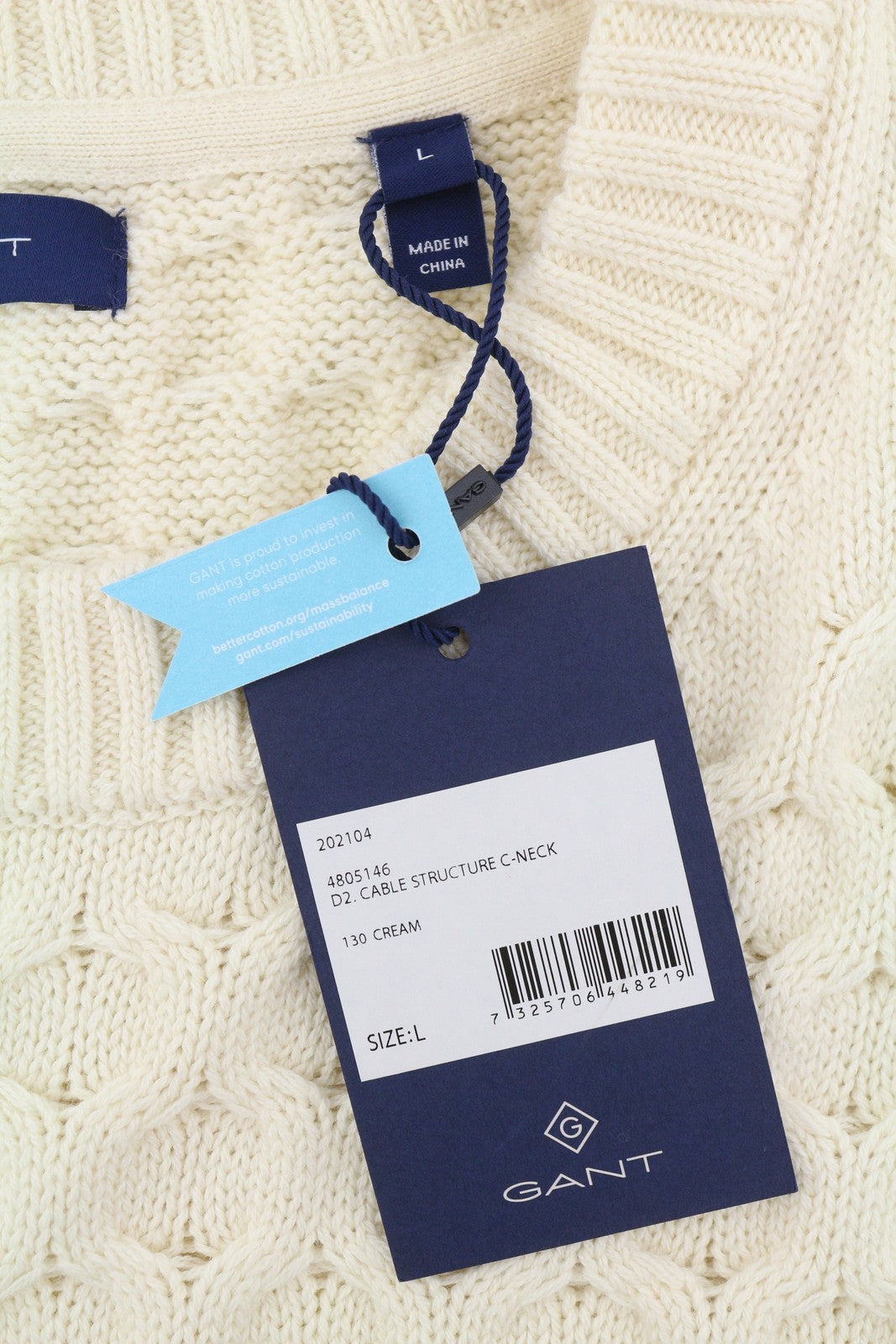 GANT Cable Structure C-Neck Women Jumper L Cream Merino Wool Blend Knit Pullover