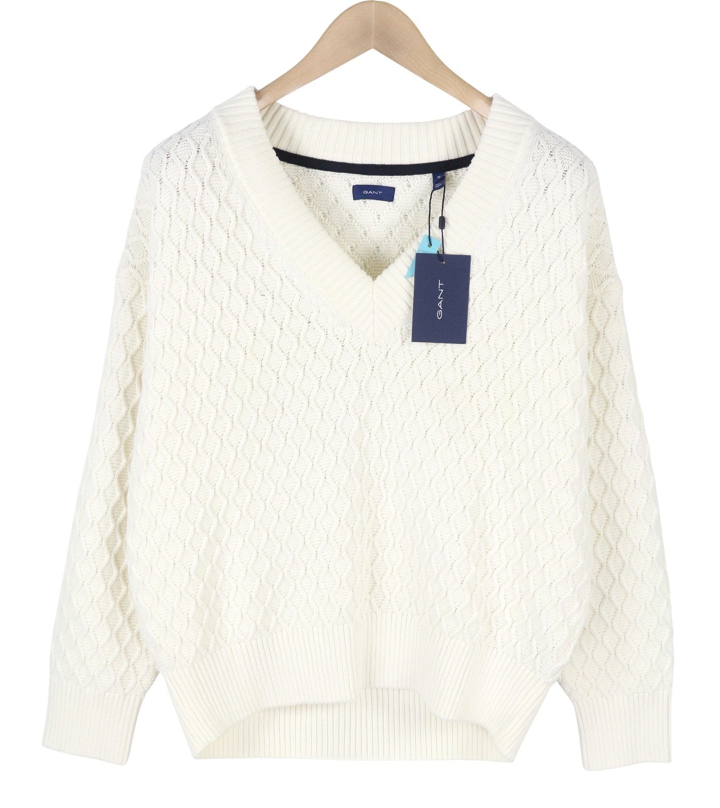 GANT Texture Cotton V-Neck Women Jumper M Eggshell Oversized Loose Fit Pullover