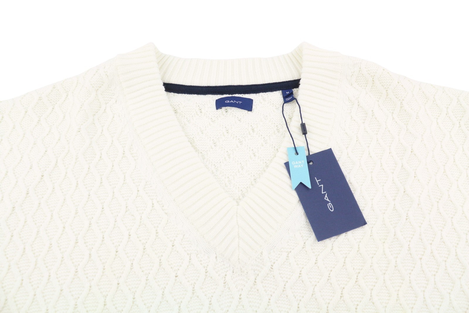 GANT Texture Cotton V-Neck Women Jumper M Eggshell Oversized Loose Fit Pullover