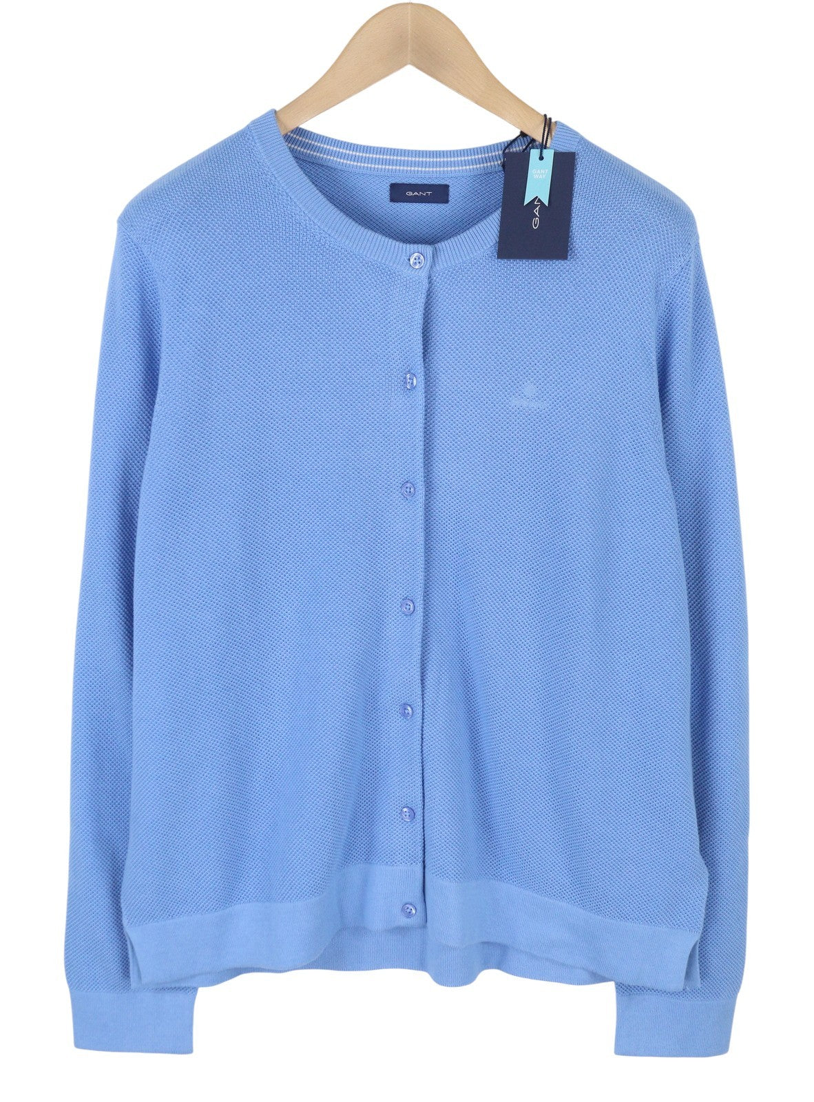 GANT Cotton Pique Cardigan Women Jumper XL Silver Lake Blue Crew Neck Button-Up