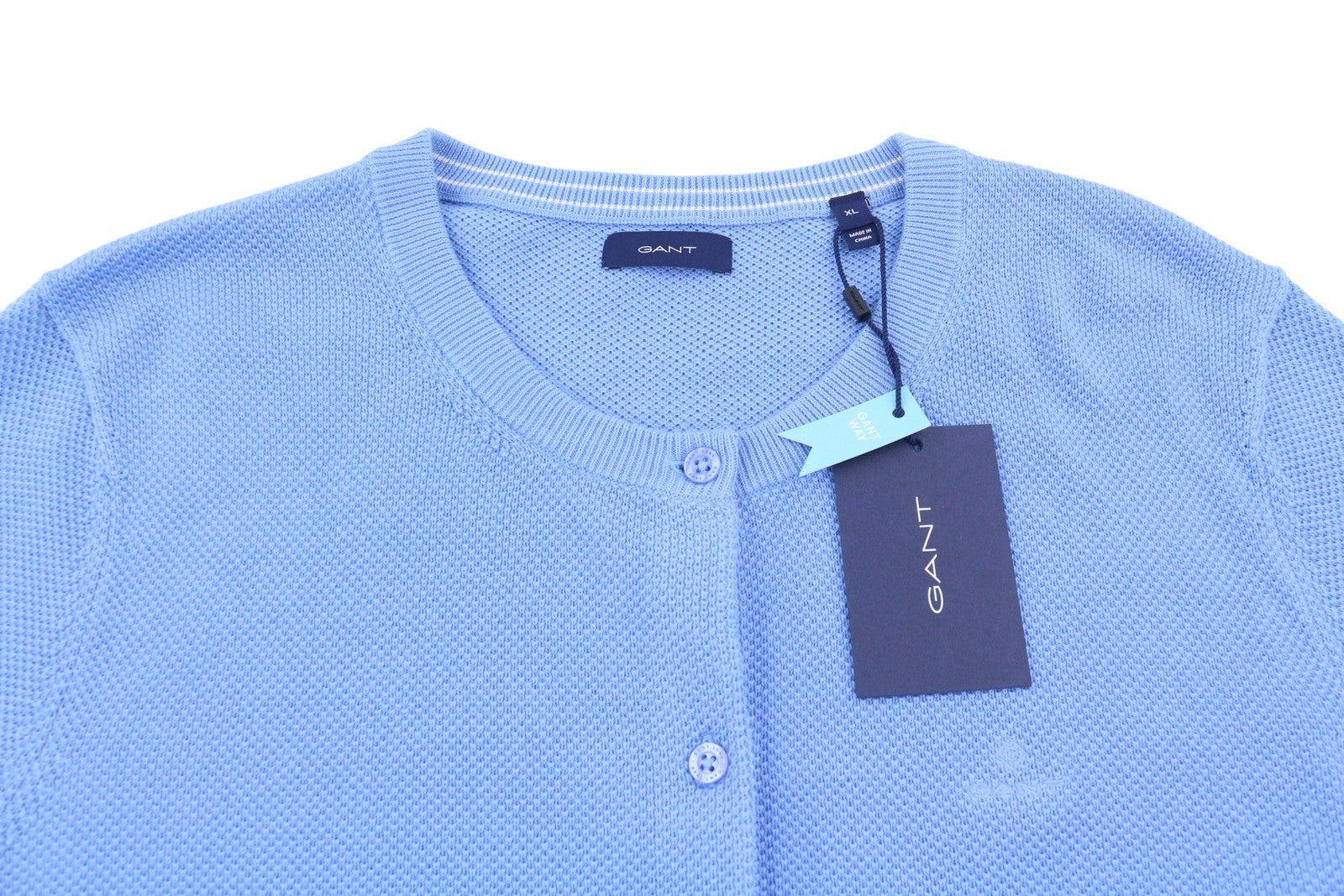 GANT Cotton Pique Cardigan Women Jumper XL Silver Lake Blue Crew Neck Button-Up