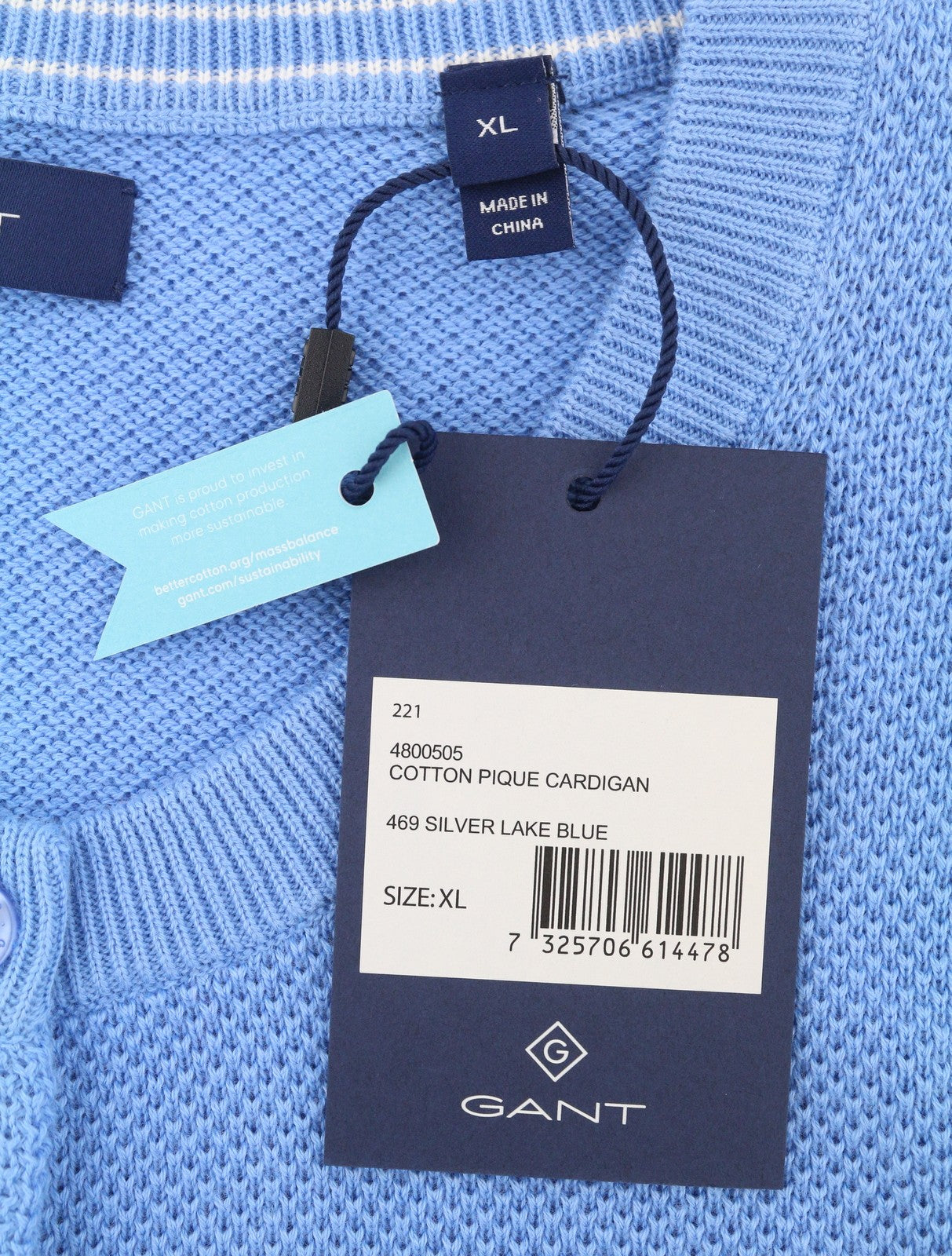 GANT Cotton Pique Cardigan Women Jumper XL Silver Lake Blue Crew Neck Button-Up