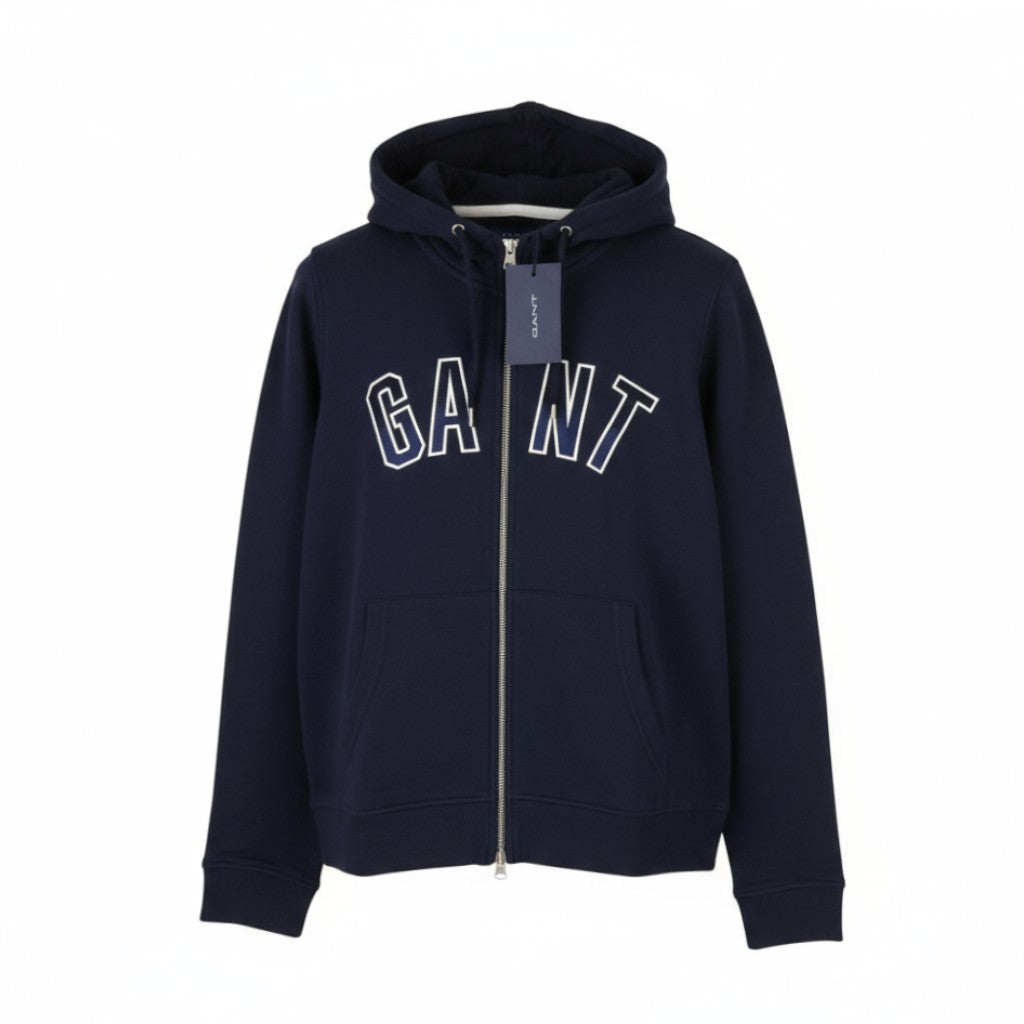 GANT NH Full Zip moteriškas džemperis su gobtuvu, L dydžio, vakarinės mėlynos spalvos, su kišenėmis priekyje, logotipu ir raišteliais. 